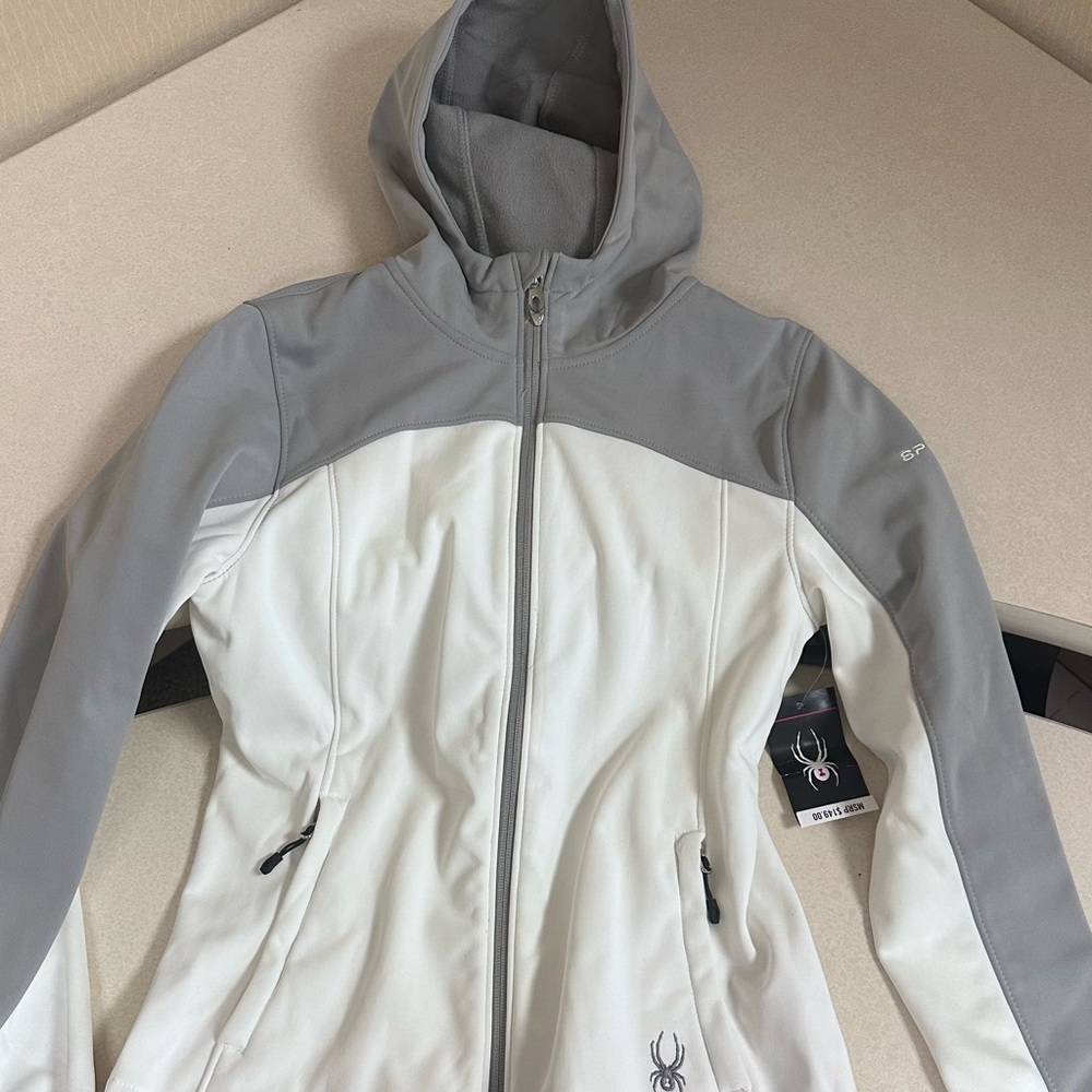 Spyder Hooded Jacket Women’s Small Gray White Softshell Fleece Lined NWT